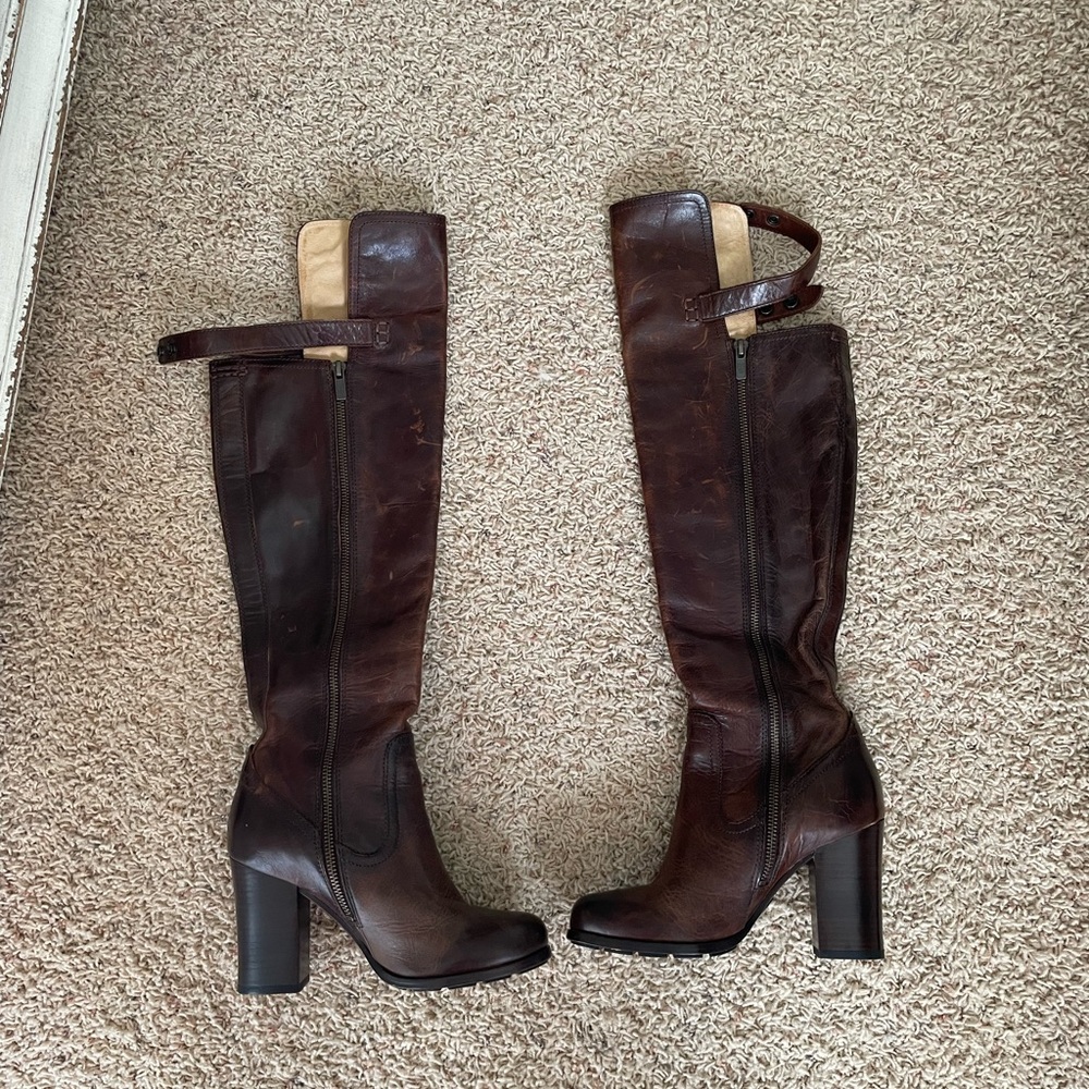 Frye Brown Leather Over the Knee Heeled Boots - Size 6.5